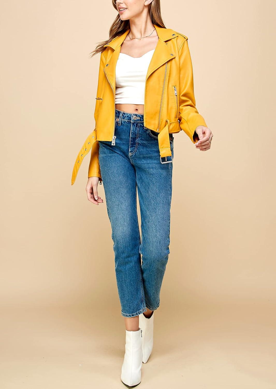imageMade By Johnny MBJ Womens Faux Leather Zip Up Moto Biker Jacket with Stitching DetailWjc1849mustard