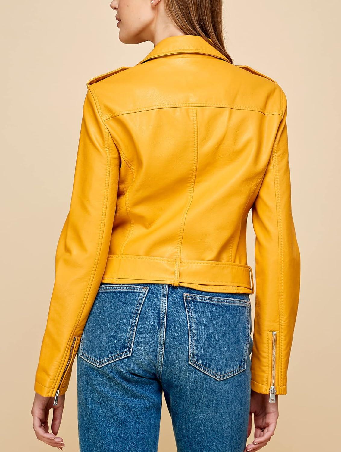 imageMade By Johnny MBJ Womens Faux Leather Zip Up Moto Biker Jacket with Stitching DetailWjc1849mustard