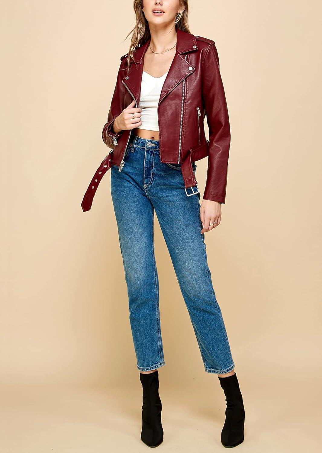 imageMade By Johnny MBJ Womens Faux Leather Zip Up Moto Biker Jacket with Stitching DetailWjc1849wine