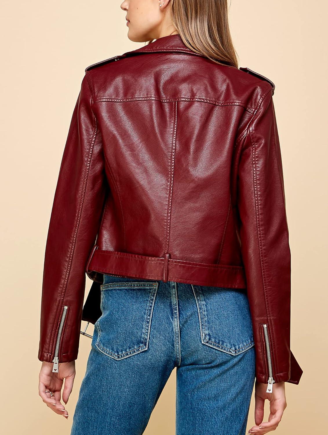 imageMade By Johnny MBJ Womens Faux Leather Zip Up Moto Biker Jacket with Stitching DetailWjc1849wine