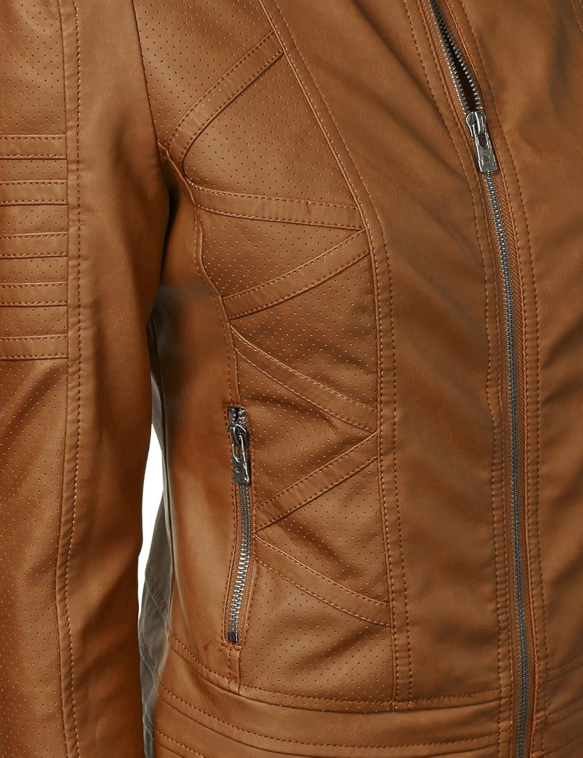 imageMade By Johnny MBJ Womens Faux Leather Zip Up Moto Biker Jacket with Stitching DetailWjc746camel