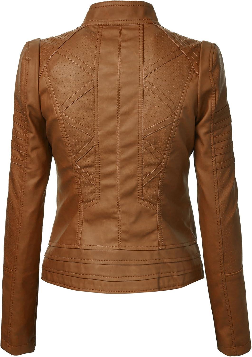 imageMade By Johnny MBJ Womens Faux Leather Zip Up Moto Biker Jacket with Stitching DetailWjc746camel