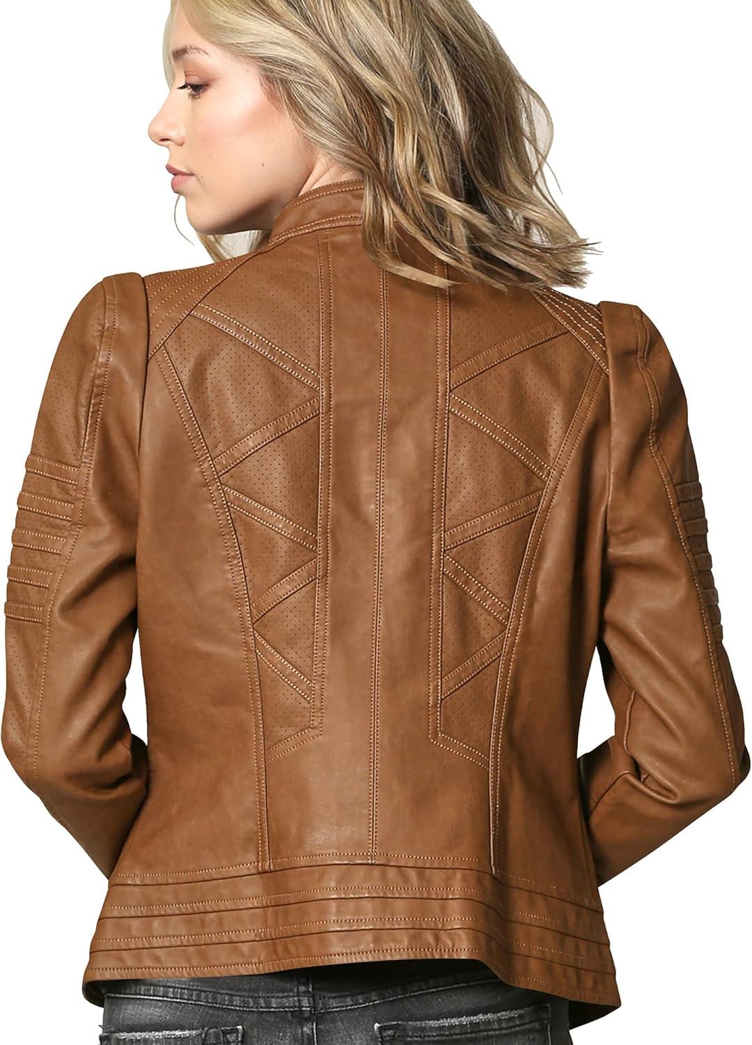imageMade By Johnny MBJ Womens Faux Leather Zip Up Moto Biker Jacket with Stitching DetailWjc746camel