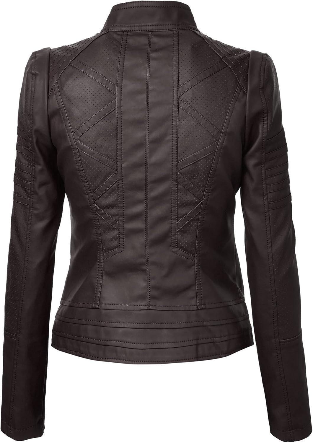 imageMade By Johnny MBJ Womens Faux Leather Zip Up Moto Biker Jacket with Stitching DetailWjc746coffee