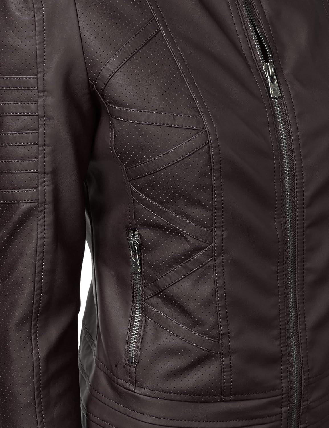 imageMade By Johnny MBJ Womens Faux Leather Zip Up Moto Biker Jacket with Stitching DetailWjc746coffee