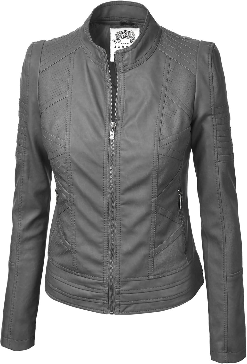 imageMade By Johnny MBJ Womens Faux Leather Zip Up Moto Biker Jacket with Stitching DetailWjc746grey