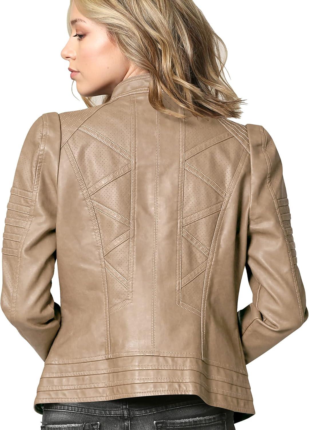 imageMade By Johnny MBJ Womens Faux Leather Zip Up Moto Biker Jacket with Stitching DetailWjc746khaki