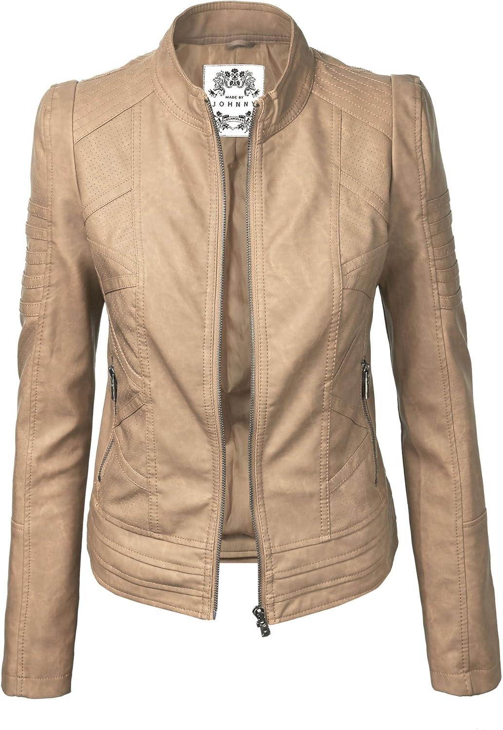 imageMade By Johnny MBJ Womens Faux Leather Zip Up Moto Biker Jacket with Stitching DetailWjc746khaki