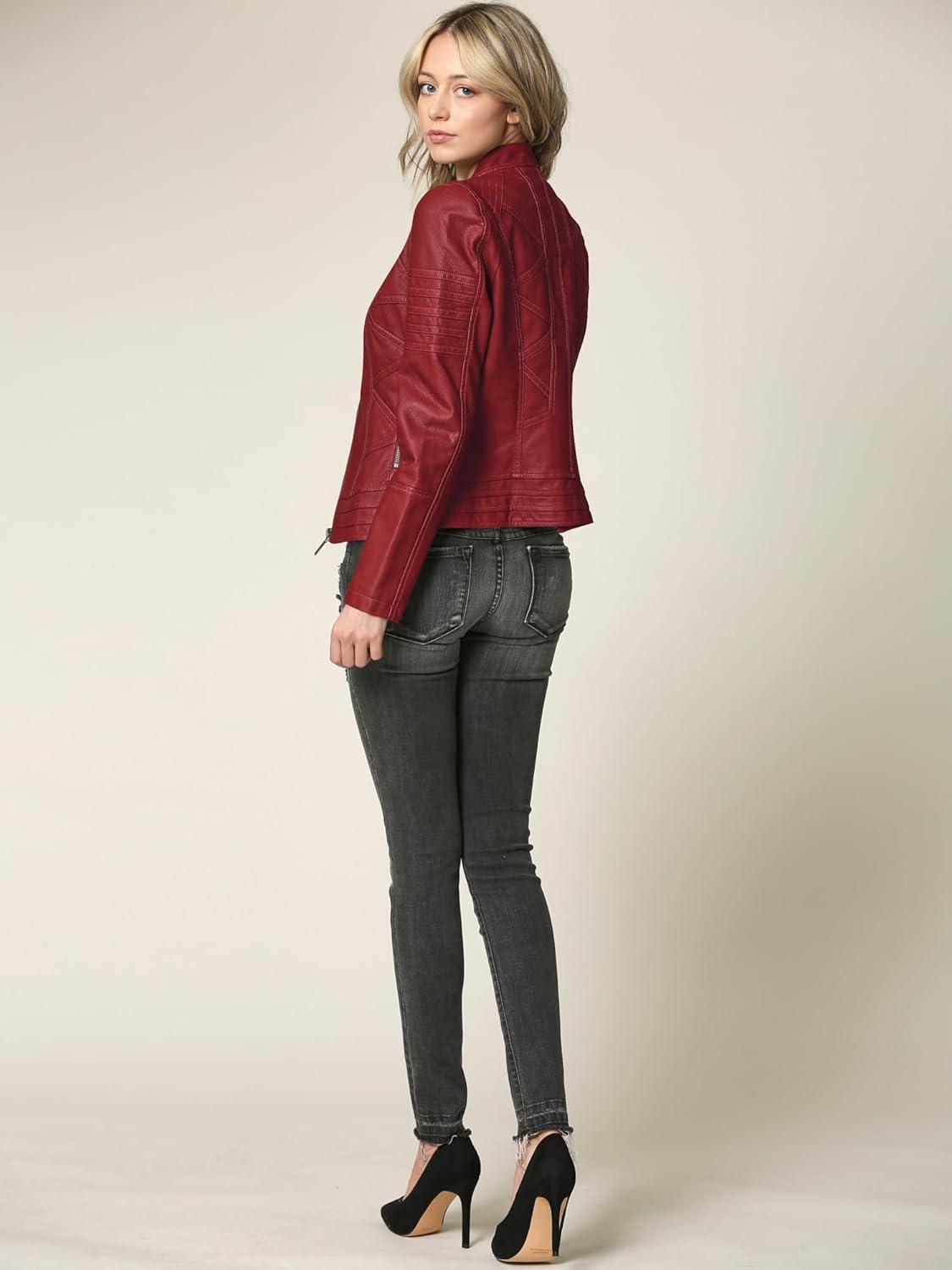 imageMade By Johnny MBJ Womens Faux Leather Zip Up Moto Biker Jacket with Stitching DetailWjc746red