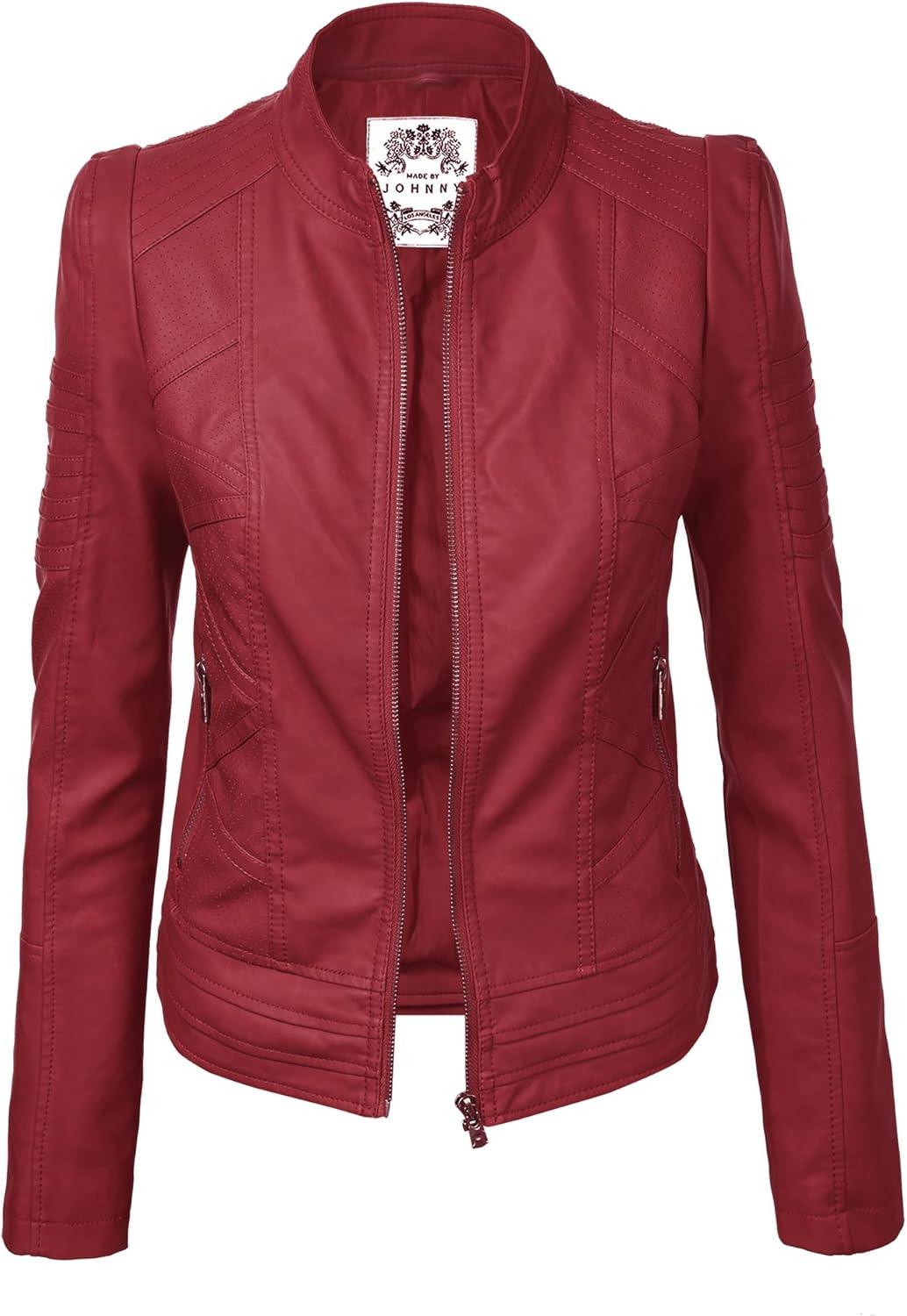 imageMade By Johnny MBJ Womens Faux Leather Zip Up Moto Biker Jacket with Stitching DetailWjc746red