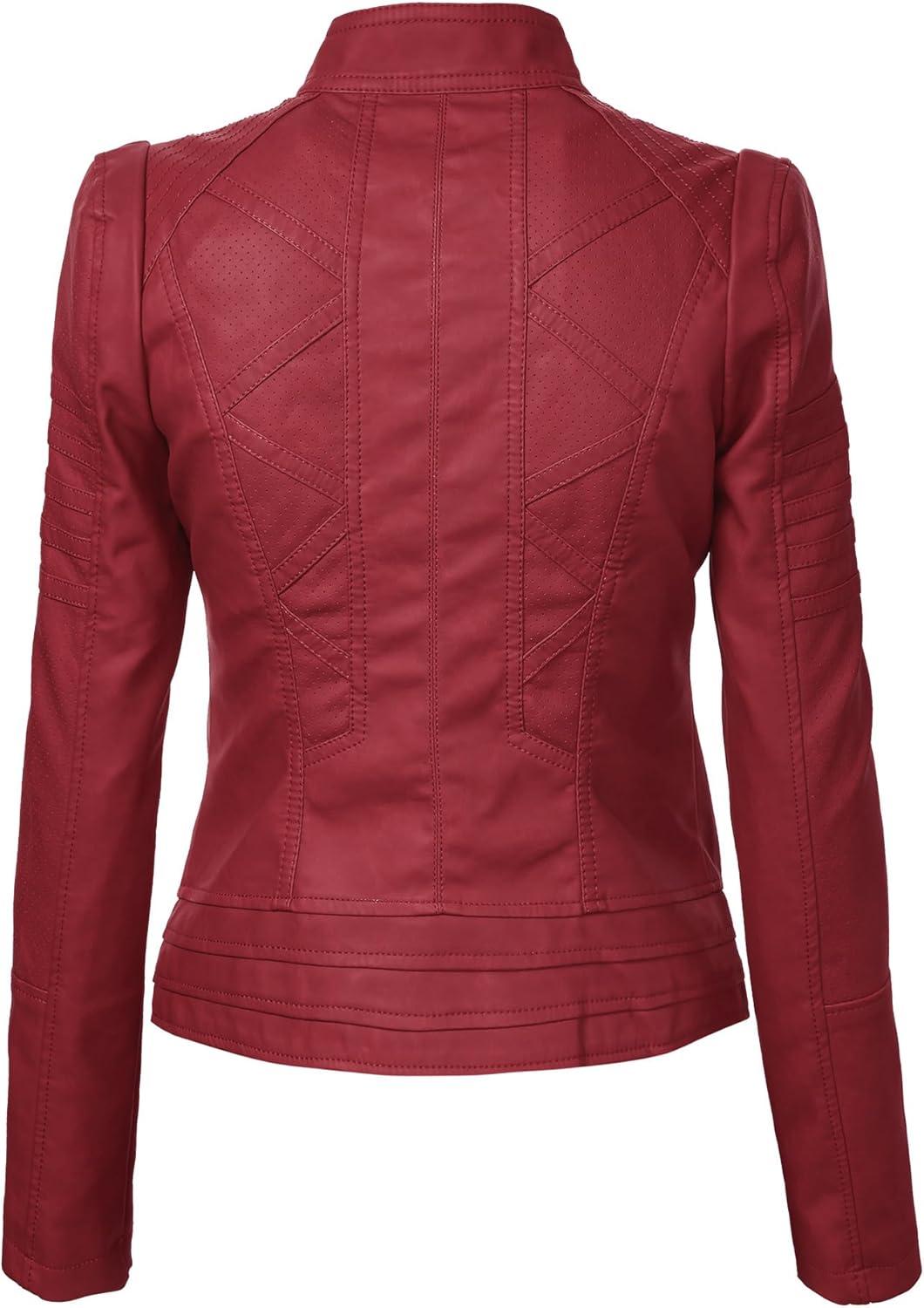 imageMade By Johnny MBJ Womens Faux Leather Zip Up Moto Biker Jacket with Stitching DetailWjc746red