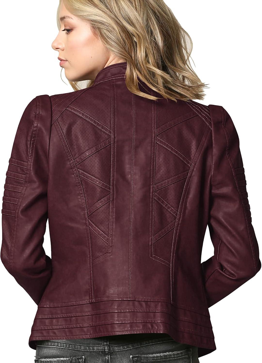 imageMade By Johnny MBJ Womens Faux Leather Zip Up Moto Biker Jacket with Stitching DetailWjc746wine