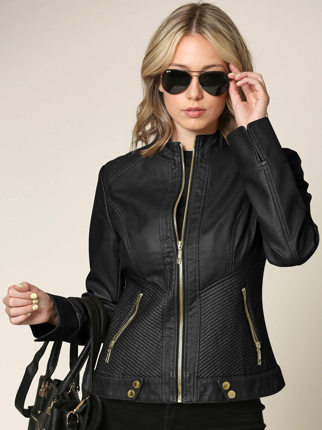 imageMade By Johnny MBJ Womens Faux Leather Zip Up Moto Biker Jacket with Stitching DetailWjc747black