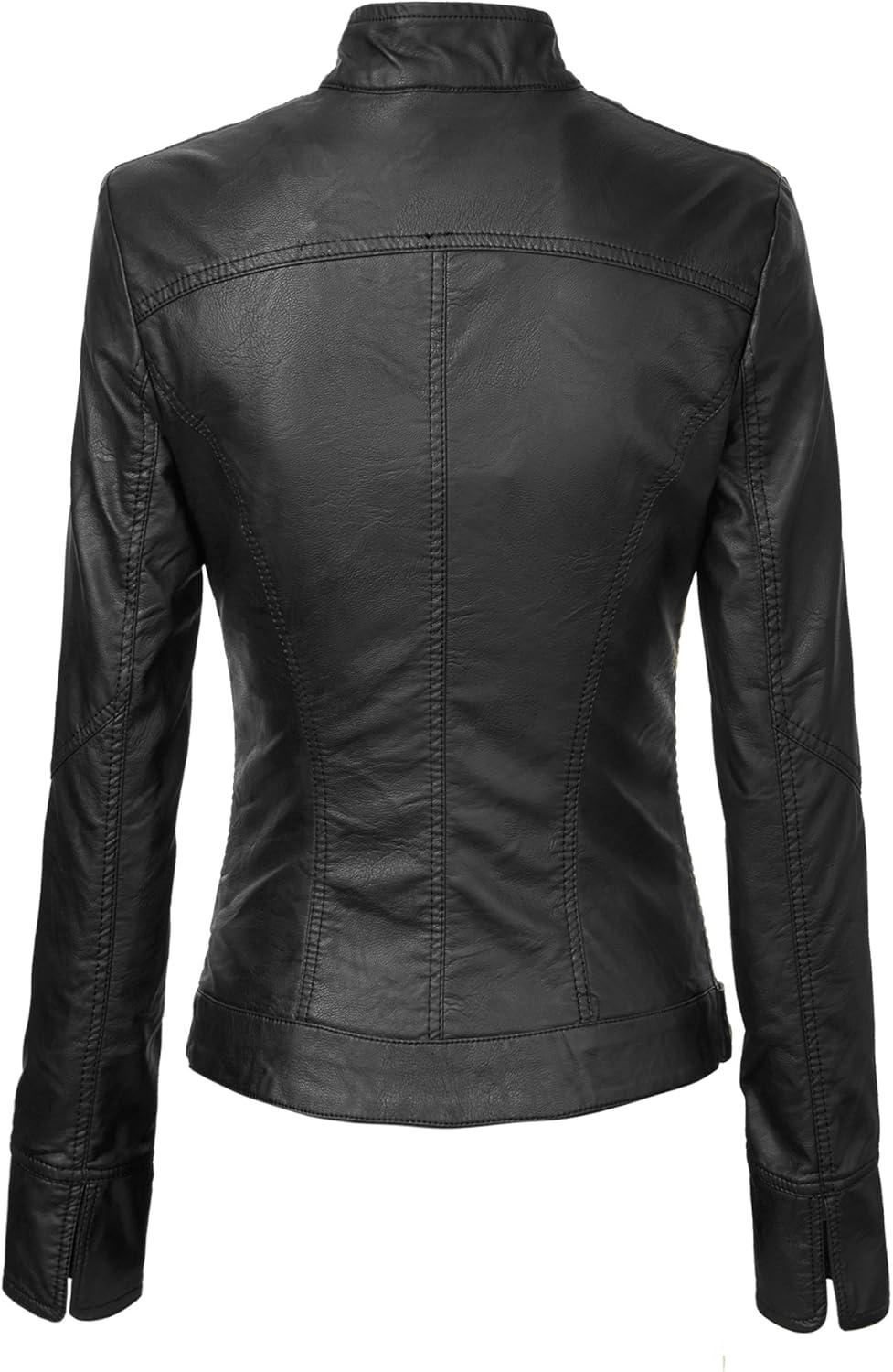 imageMade By Johnny MBJ Womens Faux Leather Zip Up Moto Biker Jacket with Stitching DetailWjc747black