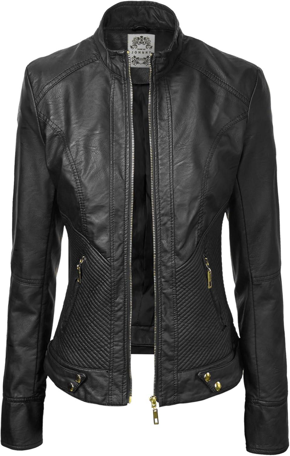 imageMade By Johnny MBJ Womens Faux Leather Zip Up Moto Biker Jacket with Stitching DetailWjc747black