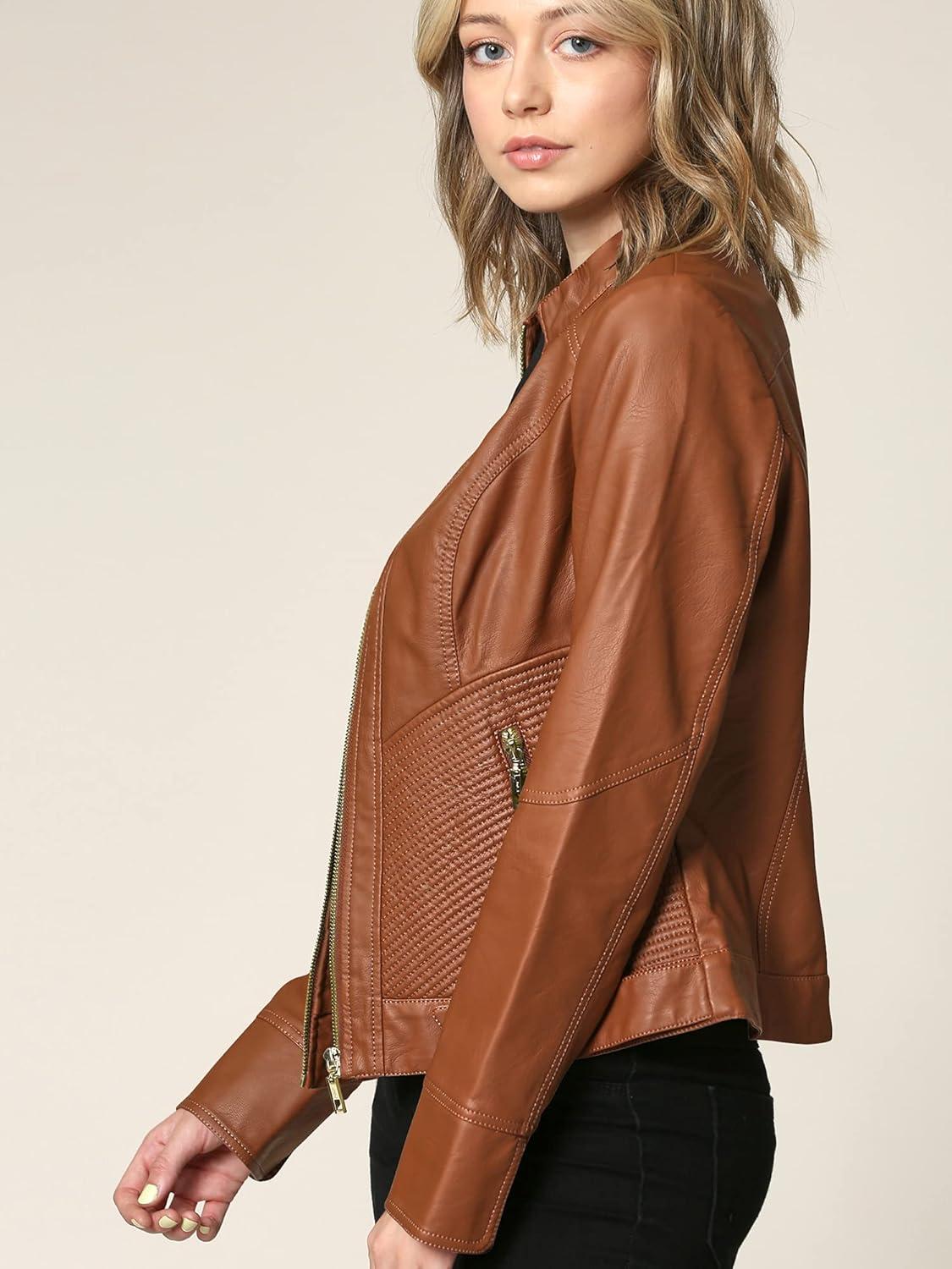 imageMade By Johnny MBJ Womens Faux Leather Zip Up Moto Biker Jacket with Stitching DetailWjc747camel
