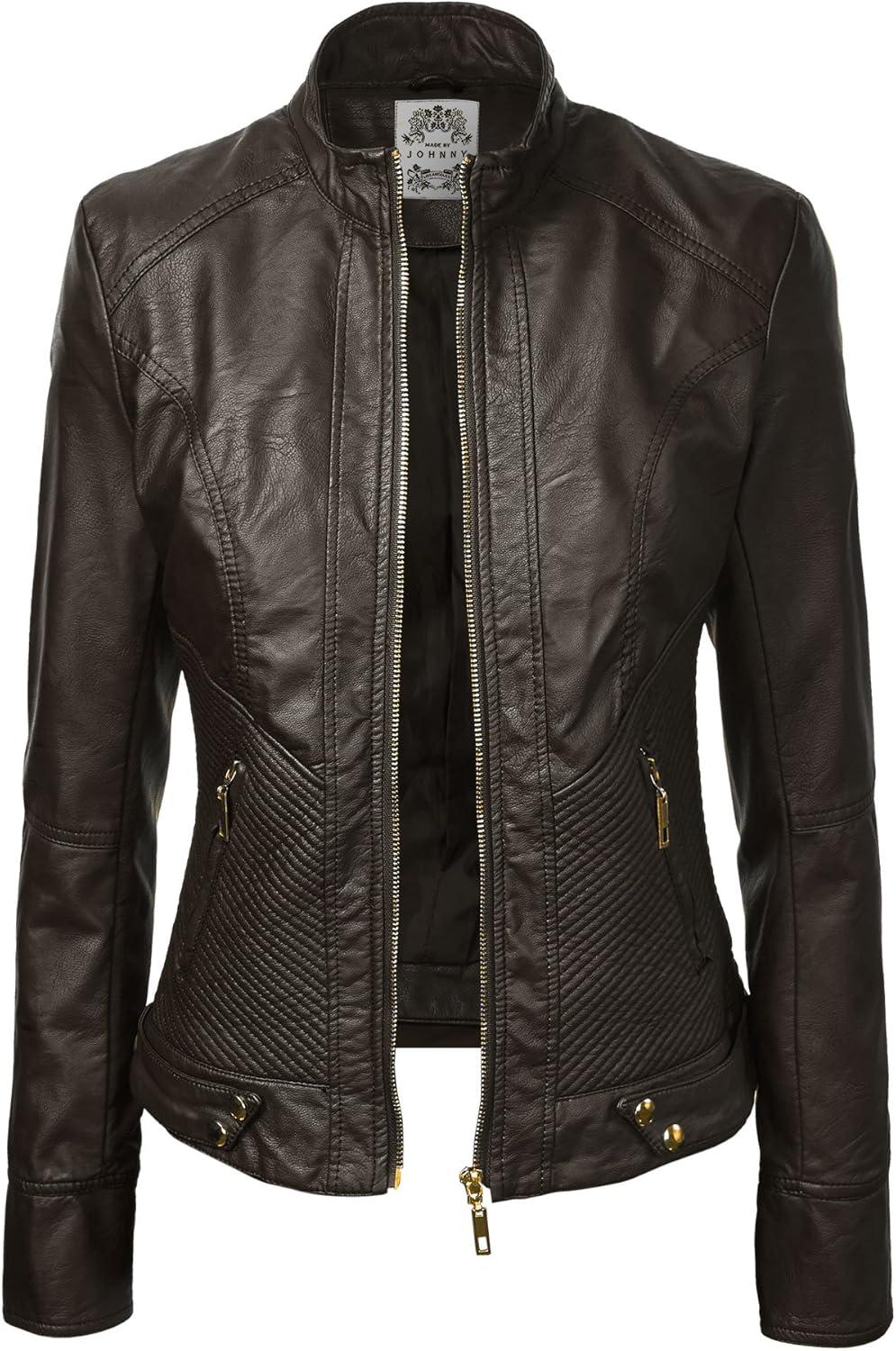 imageMade By Johnny MBJ Womens Faux Leather Zip Up Moto Biker Jacket with Stitching DetailWjc747coffee