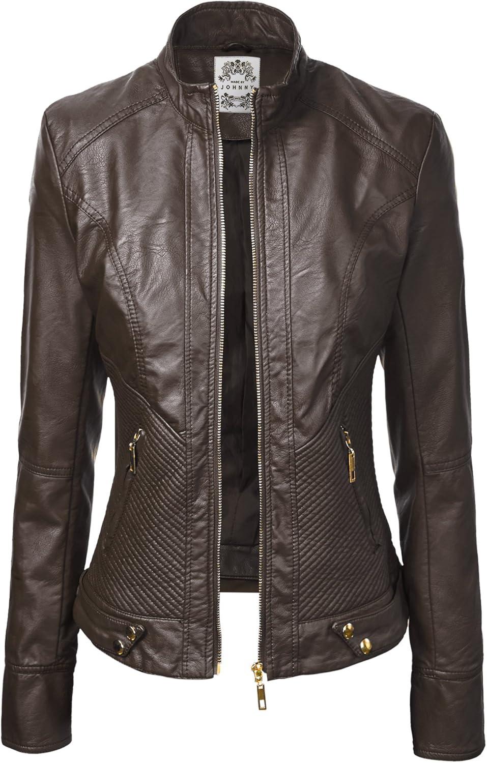 imageMade By Johnny MBJ Womens Faux Leather Zip Up Moto Biker Jacket with Stitching DetailWjc747coffee