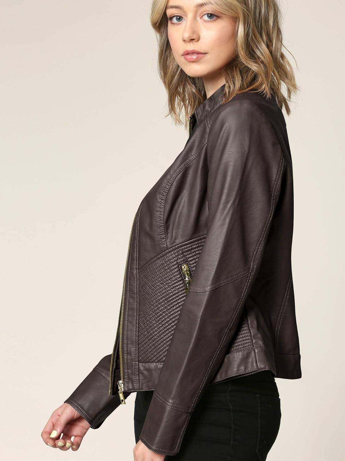 imageMade By Johnny MBJ Womens Faux Leather Zip Up Moto Biker Jacket with Stitching DetailWjc747coffee