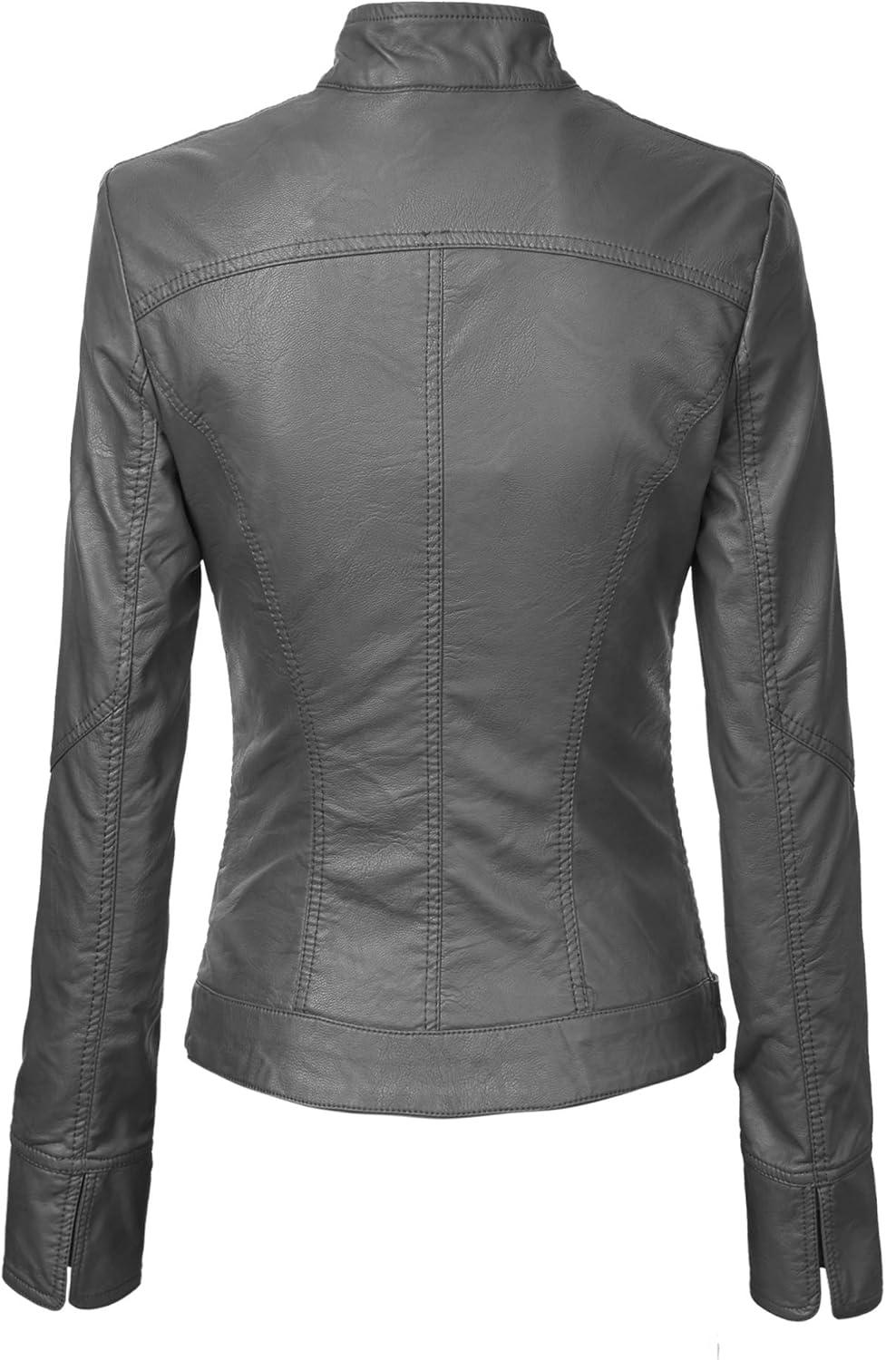 imageMade By Johnny MBJ Womens Faux Leather Zip Up Moto Biker Jacket with Stitching DetailWjc747grey
