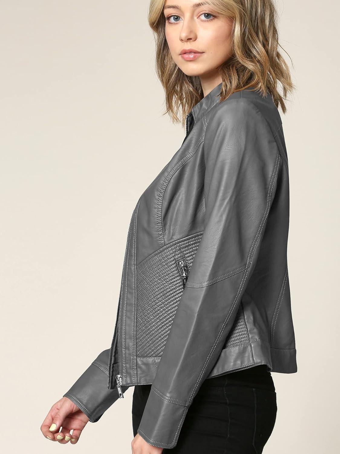 imageMade By Johnny MBJ Womens Faux Leather Zip Up Moto Biker Jacket with Stitching DetailWjc747grey