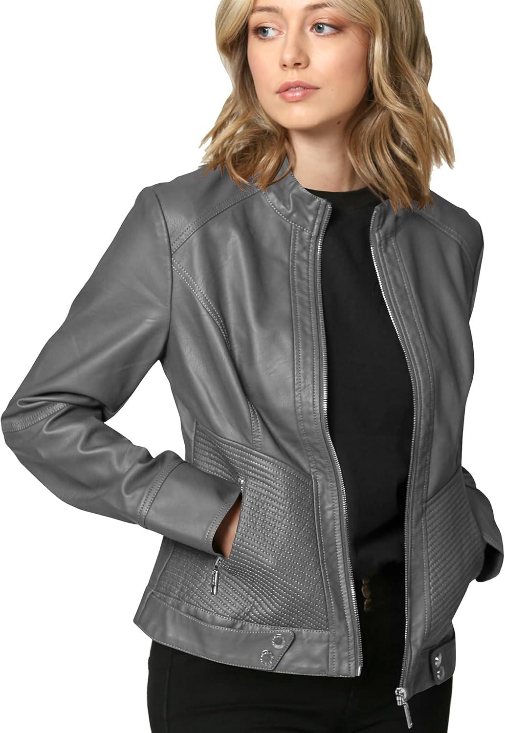 imageMade By Johnny MBJ Womens Faux Leather Zip Up Moto Biker Jacket with Stitching DetailWjc747grey