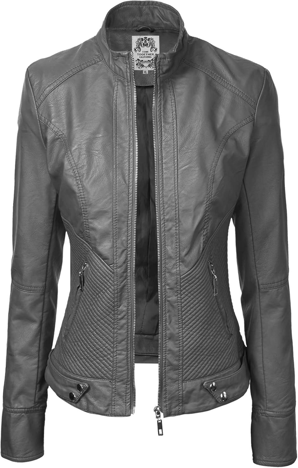 imageMade By Johnny MBJ Womens Faux Leather Zip Up Moto Biker Jacket with Stitching DetailWjc747grey