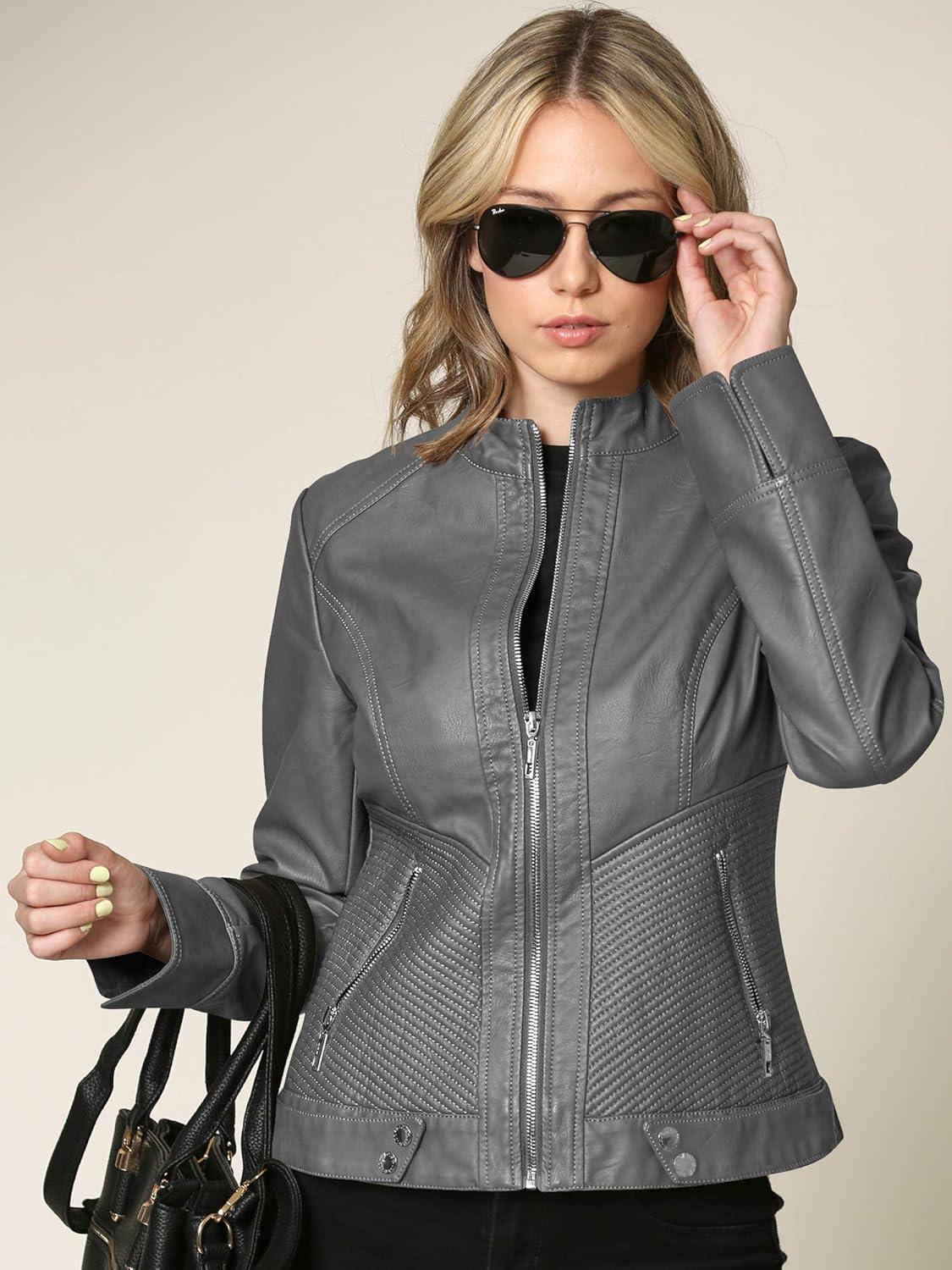 imageMade By Johnny MBJ Womens Faux Leather Zip Up Moto Biker Jacket with Stitching DetailWjc747grey