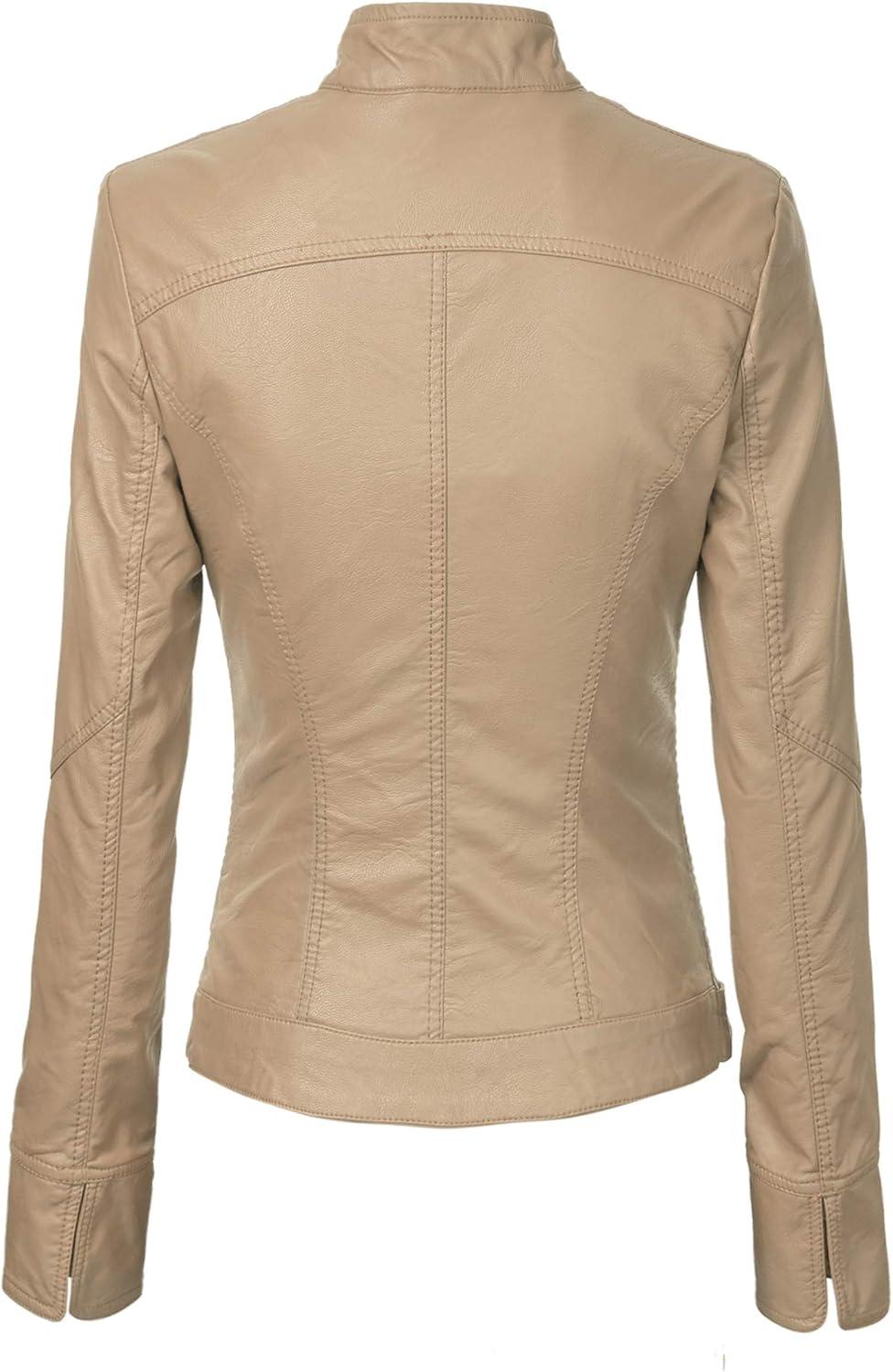 imageMade By Johnny MBJ Womens Faux Leather Zip Up Moto Biker Jacket with Stitching DetailWjc747khaki