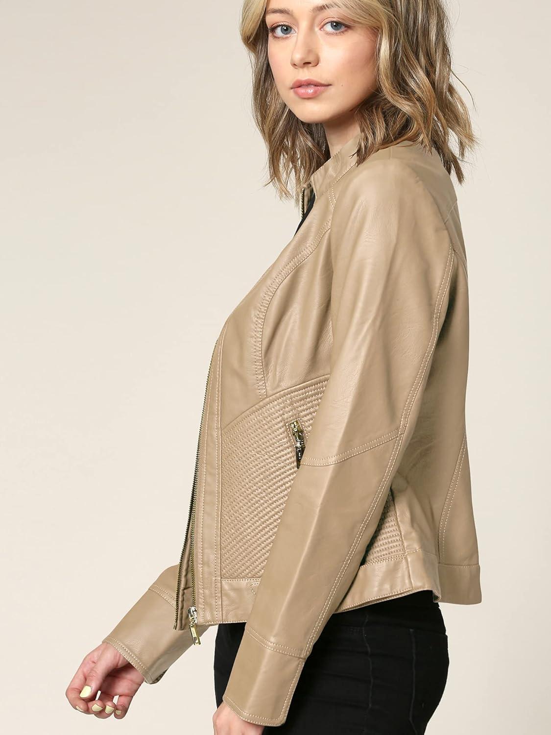 imageMade By Johnny MBJ Womens Faux Leather Zip Up Moto Biker Jacket with Stitching DetailWjc747khaki