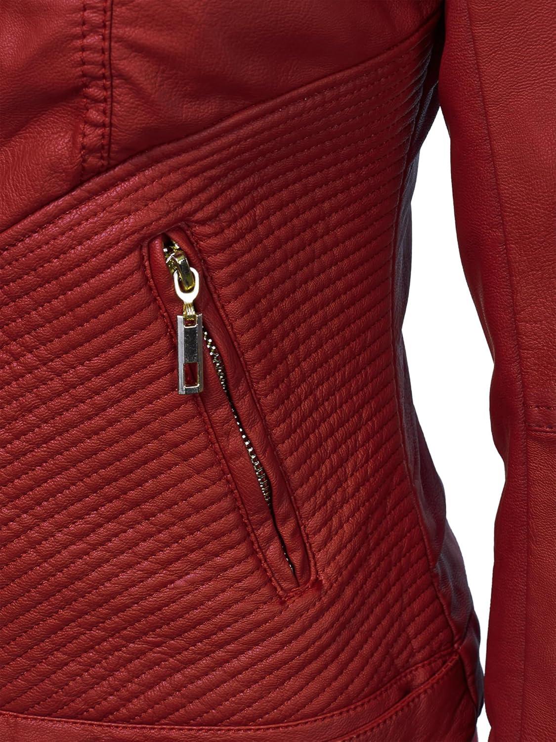 imageMade By Johnny MBJ Womens Faux Leather Zip Up Moto Biker Jacket with Stitching DetailWjc747red