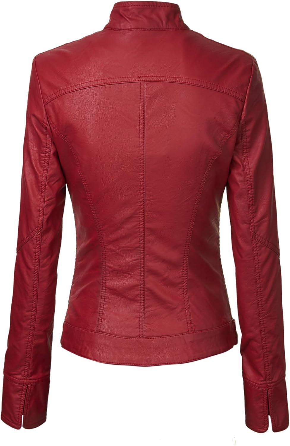 imageMade By Johnny MBJ Womens Faux Leather Zip Up Moto Biker Jacket with Stitching DetailWjc747red