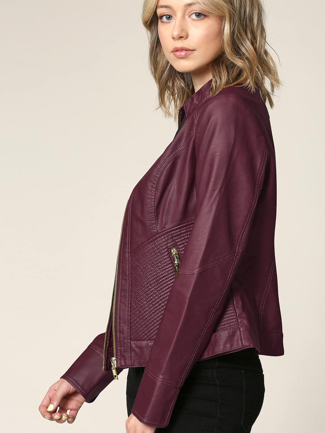 imageMade By Johnny MBJ Womens Faux Leather Zip Up Moto Biker Jacket with Stitching DetailWjc747wine