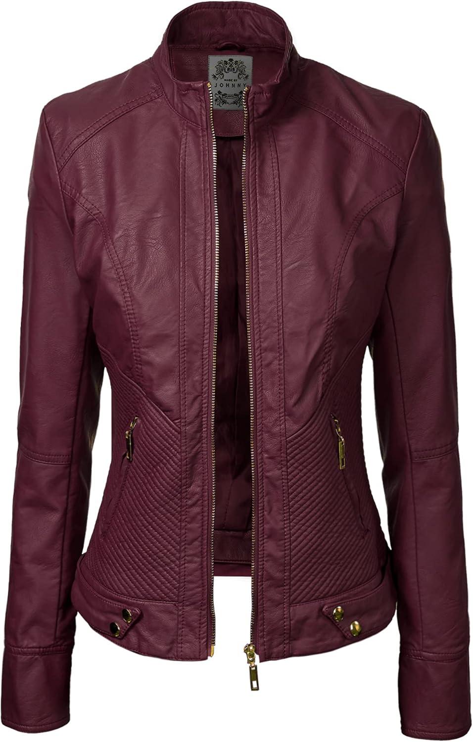 imageMade By Johnny MBJ Womens Faux Leather Zip Up Moto Biker Jacket with Stitching DetailWjc747wine