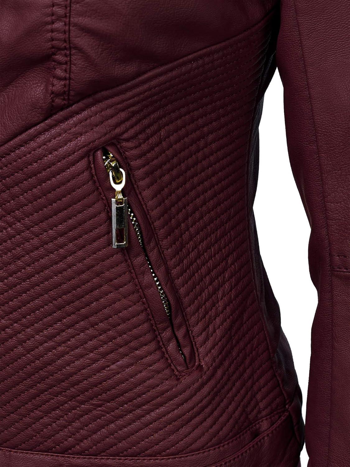 imageMade By Johnny MBJ Womens Faux Leather Zip Up Moto Biker Jacket with Stitching DetailWjc747wine