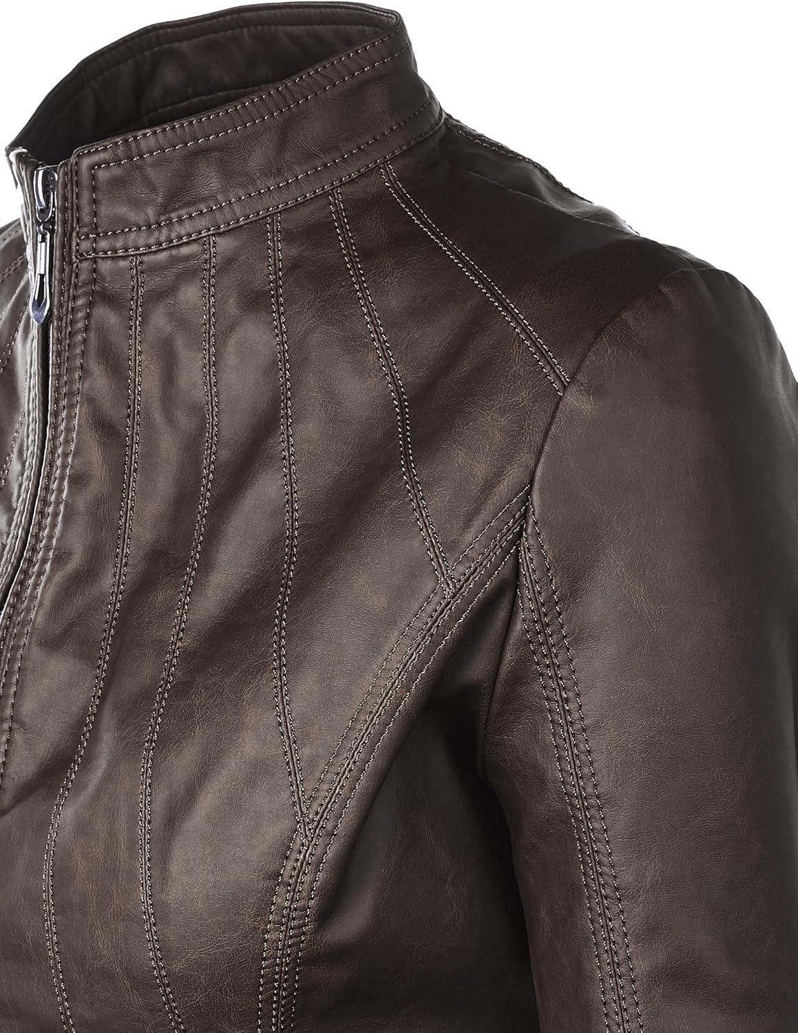 imageMade By Johnny MBJ Womens Faux Leather Zip Up Moto Biker Jacket with Stitching DetailWjc877coffee