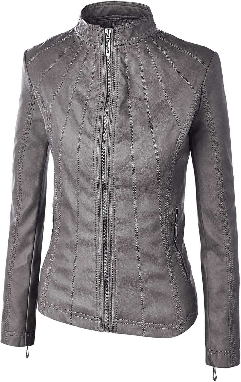 imageMade By Johnny MBJ Womens Faux Leather Zip Up Moto Biker Jacket with Stitching DetailWjc877grey