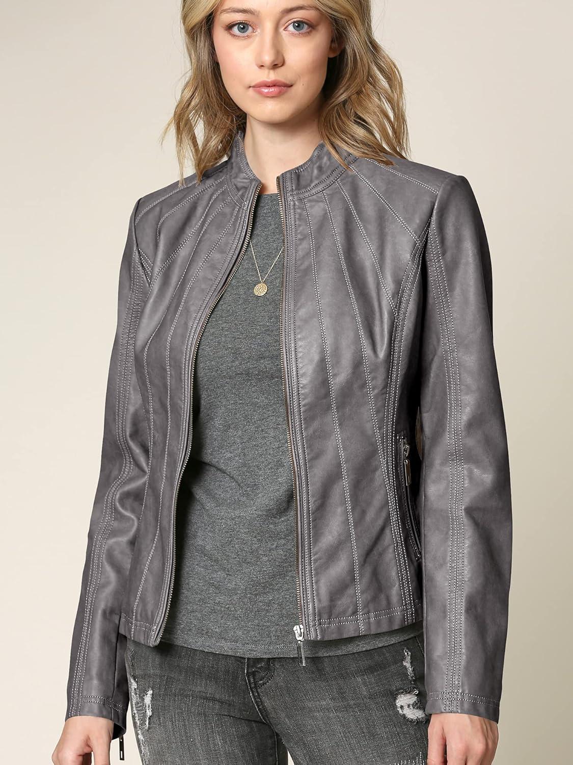 imageMade By Johnny MBJ Womens Faux Leather Zip Up Moto Biker Jacket with Stitching DetailWjc877grey