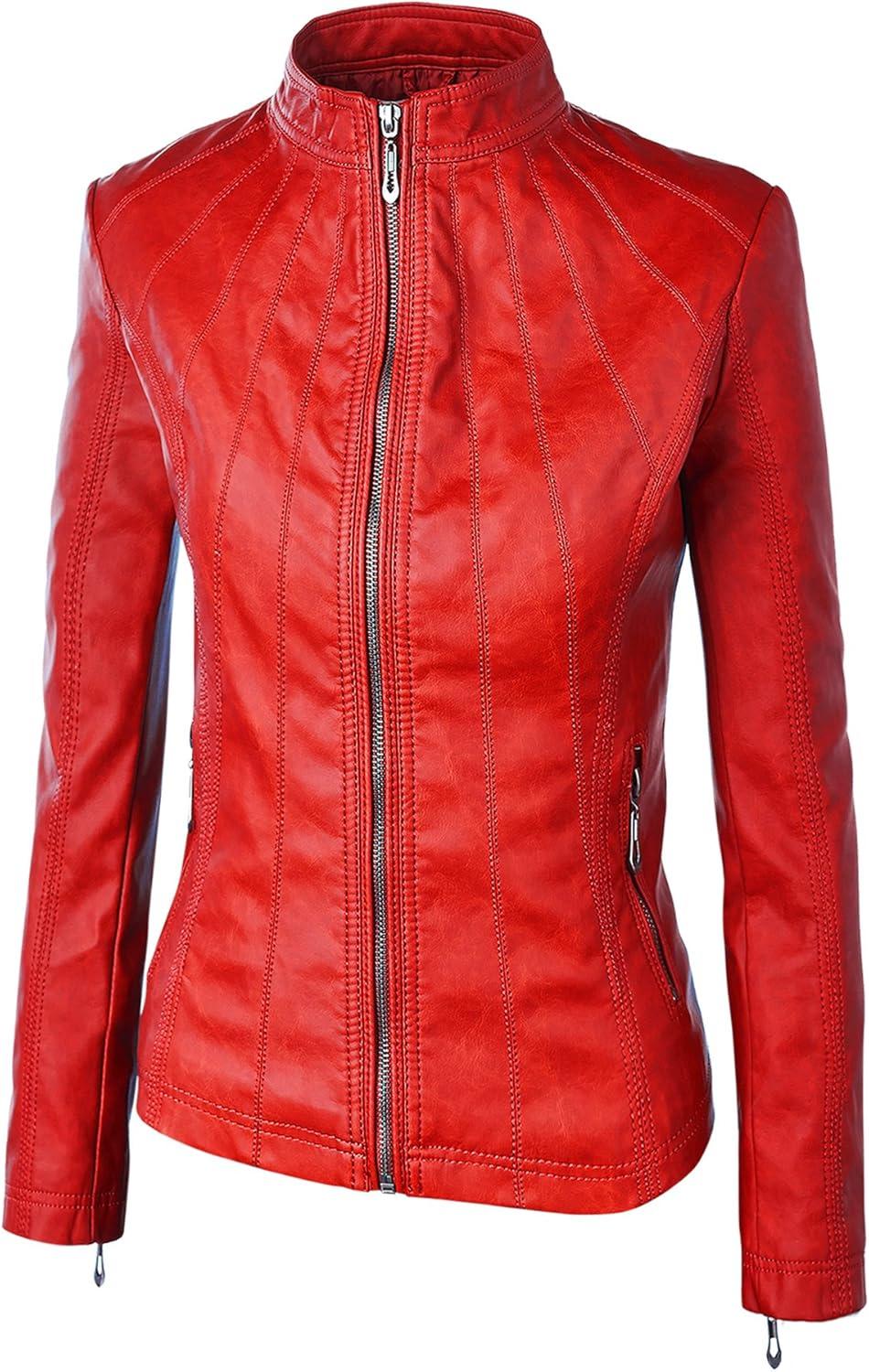 imageMade By Johnny MBJ Womens Faux Leather Zip Up Moto Biker Jacket with Stitching DetailWjc877red