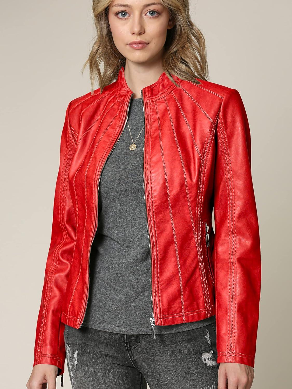 imageMade By Johnny MBJ Womens Faux Leather Zip Up Moto Biker Jacket with Stitching DetailWjc877red