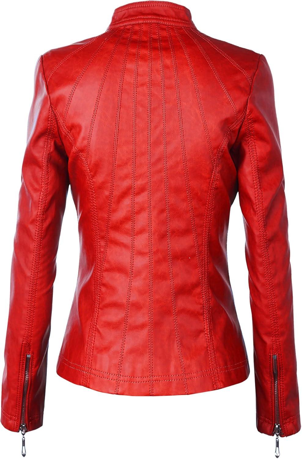 imageMade By Johnny MBJ Womens Faux Leather Zip Up Moto Biker Jacket with Stitching DetailWjc877red
