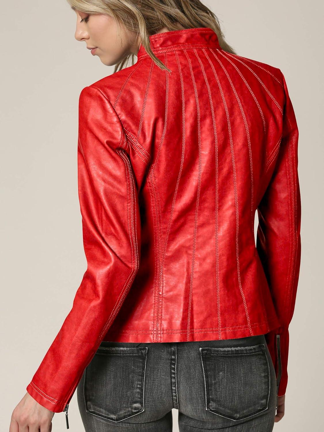 imageMade By Johnny MBJ Womens Faux Leather Zip Up Moto Biker Jacket with Stitching DetailWjc877red
