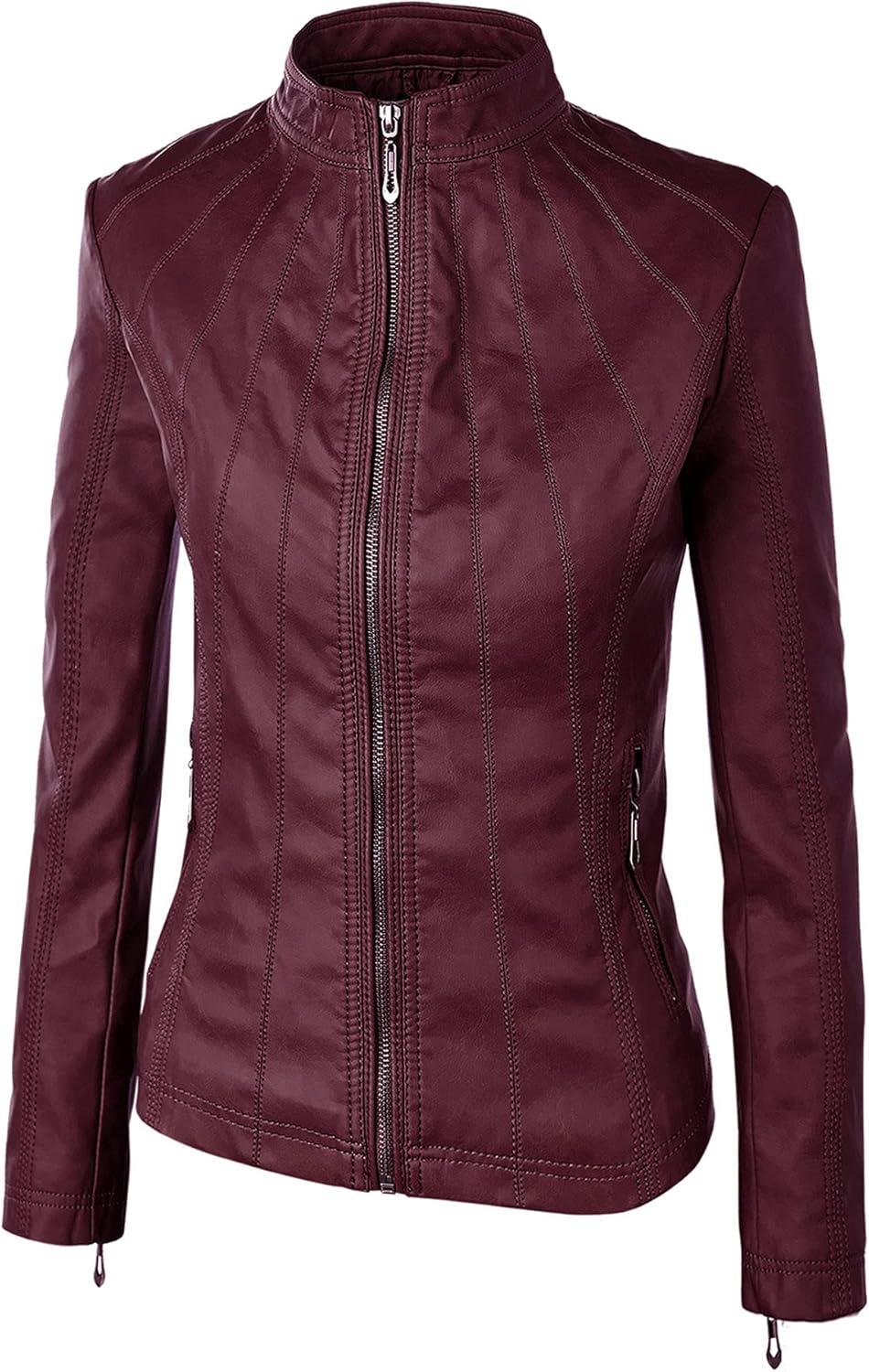imageMade By Johnny MBJ Womens Faux Leather Zip Up Moto Biker Jacket with Stitching DetailWjc877wine
