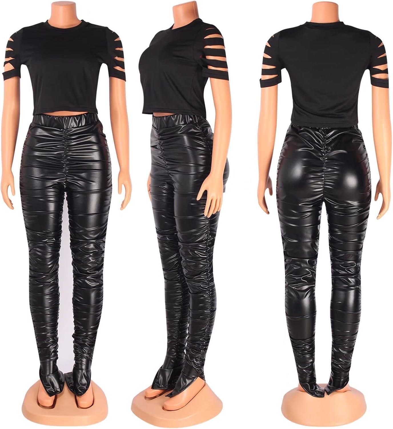 imageMintsnow Womens Leather Pants Elastic High Waisted Ruched Leggings Tights Trousers with SlitBlack Slit