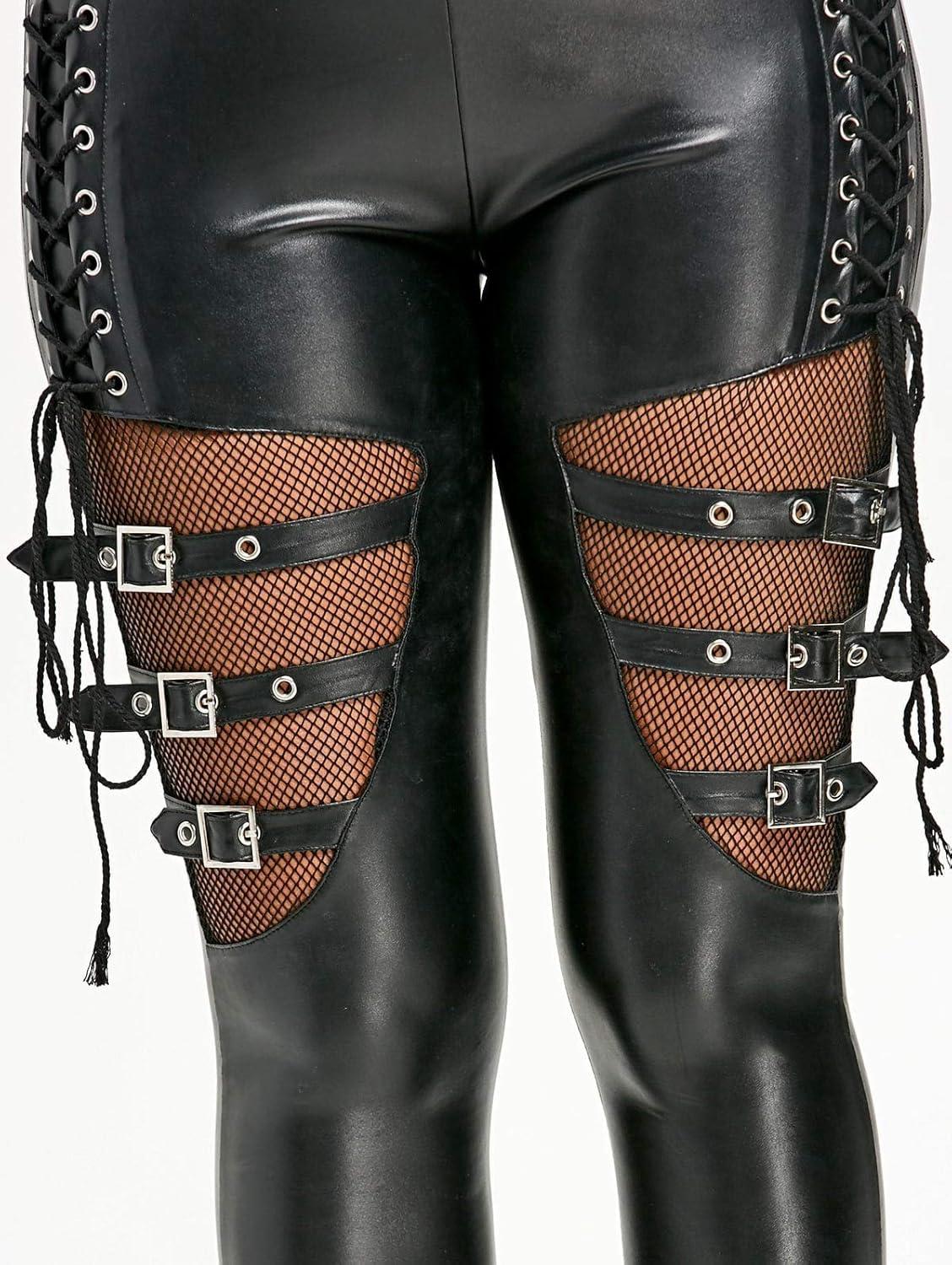 imageNihsatin Fishnet Trim Lace Up PU Leather Pants Thin Lightweight Gothic Punk Leggings for WomenBlack