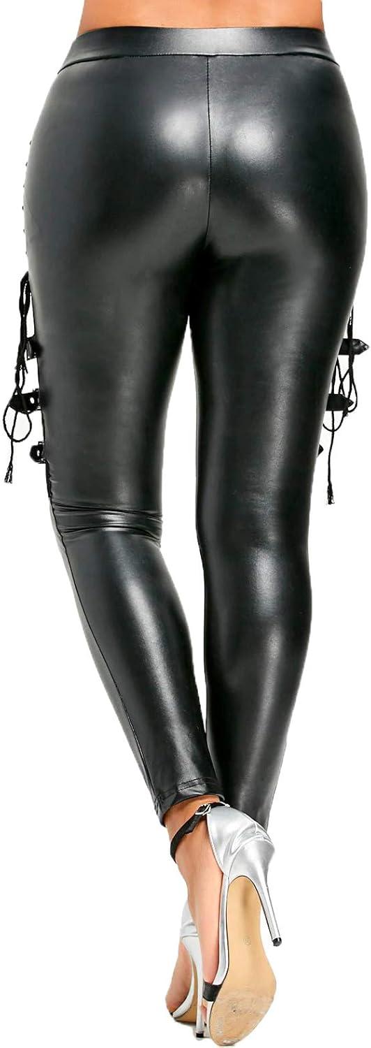 imageNihsatin Fishnet Trim Lace Up PU Leather Pants Thin Lightweight Gothic Punk Leggings for WomenBlack
