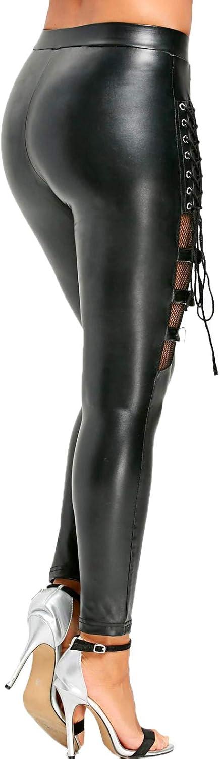 imageNihsatin Fishnet Trim Lace Up PU Leather Pants Thin Lightweight Gothic Punk Leggings for WomenBlack