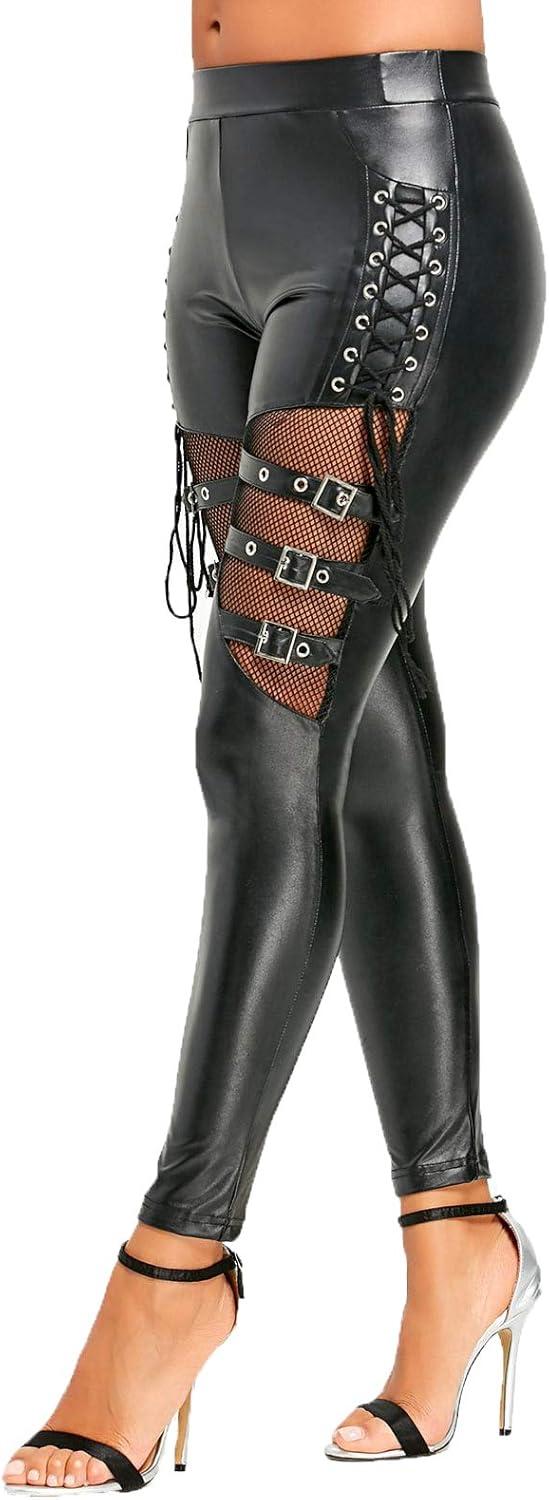 imageNihsatin Fishnet Trim Lace Up PU Leather Pants Thin Lightweight Gothic Punk Leggings for WomenBlack