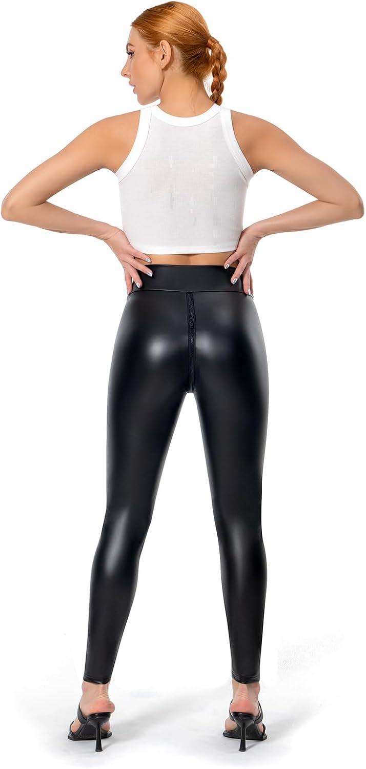 imageOpen Crotch Pants Hidden Zipper for Women Sexy PU Faux Leather Leggings Club Party High Waist Exotic Bodycon TrousersBlack