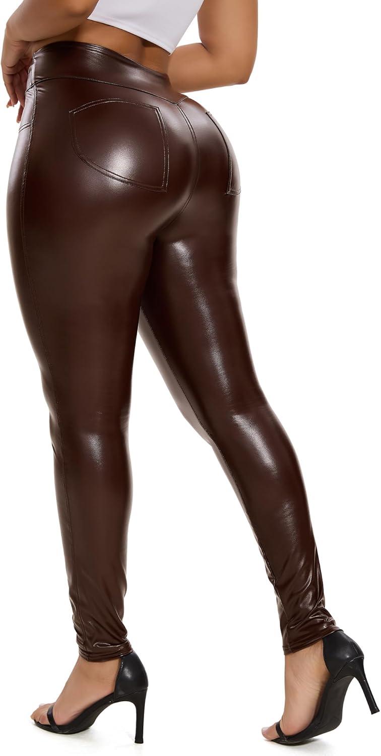 imageRIOJOY Womens Sexy Leather Leggings High Waisted Butt Lifting Faux Leather PU Pants Tummy Control StretchBrown